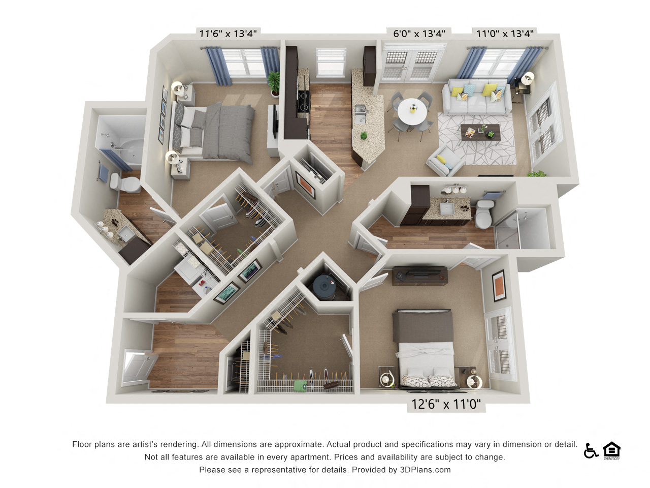 Floor plan for 2 beds, 2 baths, 1200 sqft
